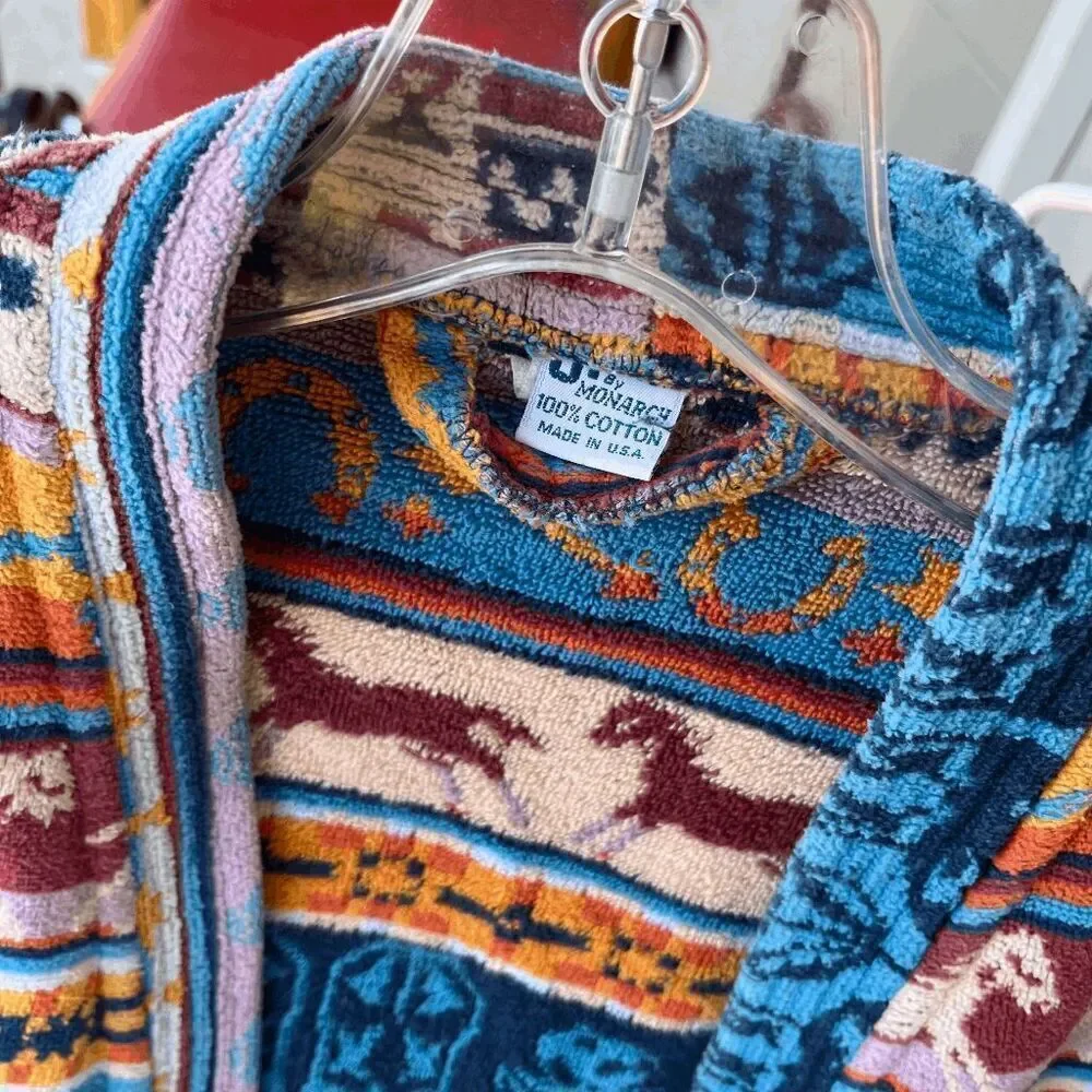 VTG J by Monarch Kids Terrycloth Robe Southwest Horse Print Made in USA Cotton